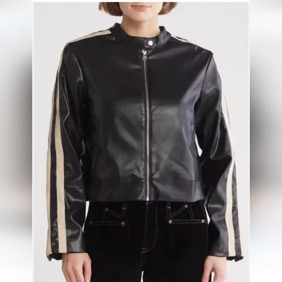 New Democracy Biker Jacket Size M Faux Leather Black Beige Zip Front Moto NWT - Picture 2 of 16